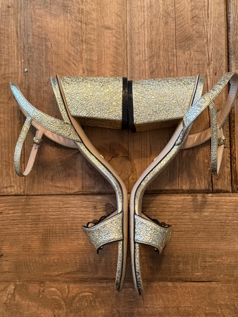 Gucci Gold Textured Leather Slingback Sandals with Double GG - Picture 6 of 8